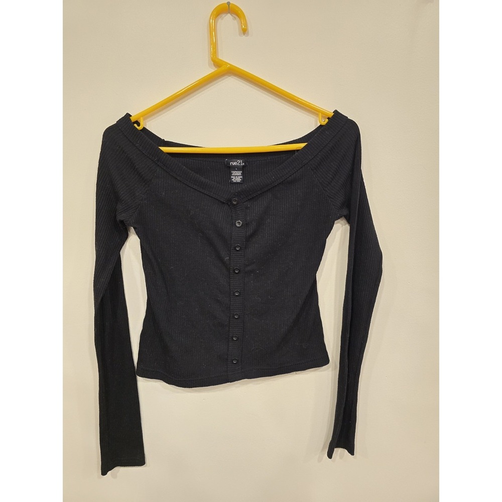 Rue21 Black Off Shoulder Ribbed Top Y2K Edgy Clean Girl Model Off Duty Large